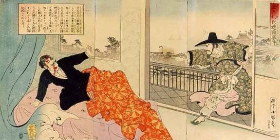 오구니 마사시가 그린 김옥균 암살 사건. 도쿄경제대학 도서관 소장.