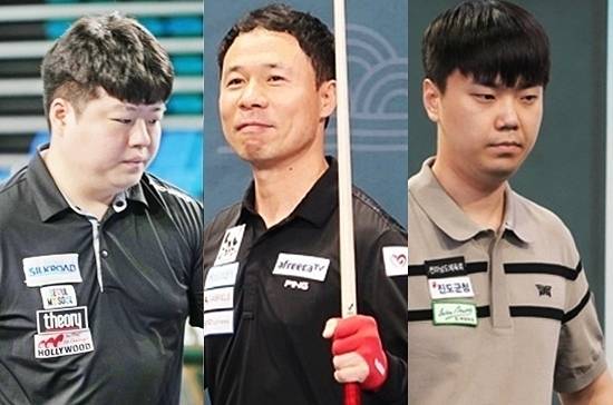 18일 경남 고성에서 열린 ‘2025 경남고성군수배 전국당구대회’ 남자3쿠션 128강전에서 국내 1~3위 조명우 허정한 김행직(왼쪽부터) 등 톱랭커들이 무난히 64강에 진출했다. (사진=MK빌리어드뉴스 DB)