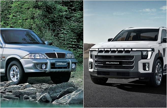 무쏘 스포츠(왼쪽)와 신형 무쏘 [사진출처=매경DB, KGM/편집=최기성 매경 디지털뉴스룸 기자]