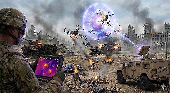 전장에서 병사가 전자기파 무기로 군집드론을 무력화하고 있다. 위 사진은 기사 이해를 돕기 위해&nbsp;AI(인공지능)를 활용해 생성된 가상의 이미지다.&nbsp;제미나이 생성 이미지