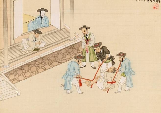 19세기 말~20세기 초 활동했던 화가 기산 김준근의 ‘기산풍속도첩’ 중 가새주리트는 모습.  한국민족문화대백과사전 제공