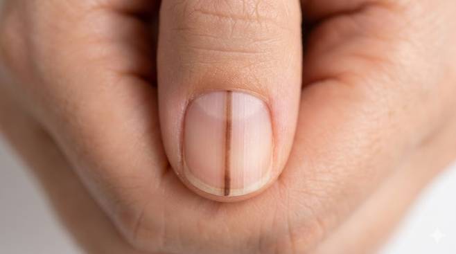 엄지손톱에 나타난 얇은 검은색 세로줄을 확대한 손가락 클로즈업 사진