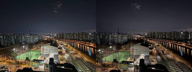 ▲야간사진 비교. 왼쪽이 갤럭시 S26울트라, 오른쪽이 아이폰16