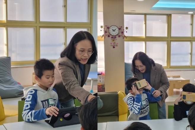 (왼쪽부터)전문 강사 지도에 따라 AR과 코딩을 학습하는 모습, 직접 만든 VR카드보드로 체험하는 모습. 동아사이언스 제공