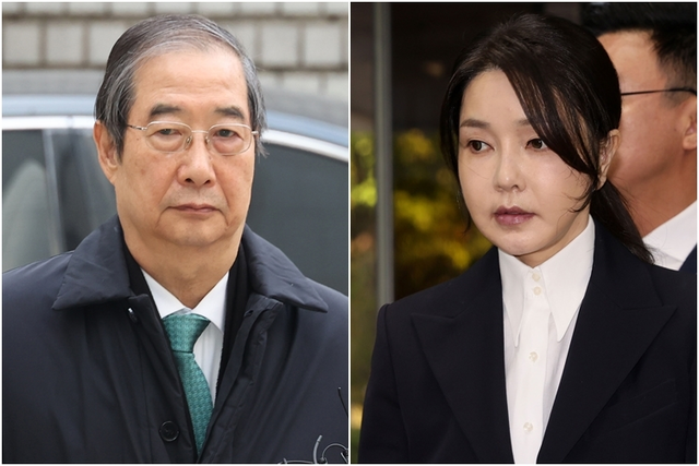 12·3 비상계엄 내란 중요임무종사혐의로 징역 23년형을 선고받은 한덕수 전 국무총리(왼쪽)와 통일교 청탁성 금품수수 알선수재 혐의로 징역형이 선고된 윤석열 전 대통령 부인 김건희씨.[연합뉴스 사진]