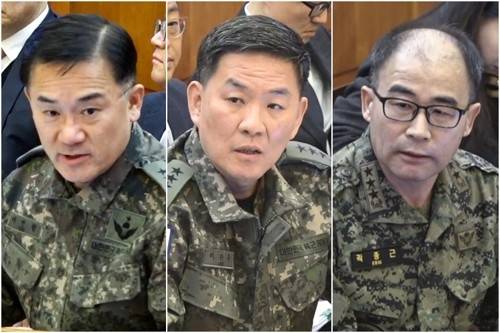 왼쪽부터 여인형 전 국군방첩사령관, 이진우 전 육군 수도방위사령관, 곽종근 전 육군 특수전사령관. [헌법재판소, 연합뉴스]