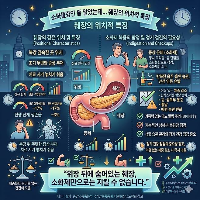 소화불량인 줄 알았는데... 췌장의 위치적 특징. 제미나이 생성 그래픽