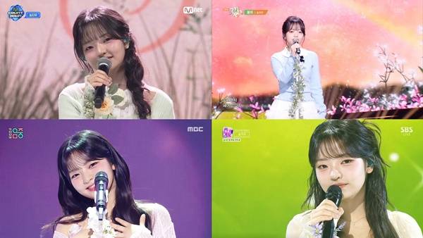 송지우 / 사진=Mnet 엠카운트다운, KBS 뮤직뱅크, MBC 쇼! 음악중심, SBS 인기가요 캡처