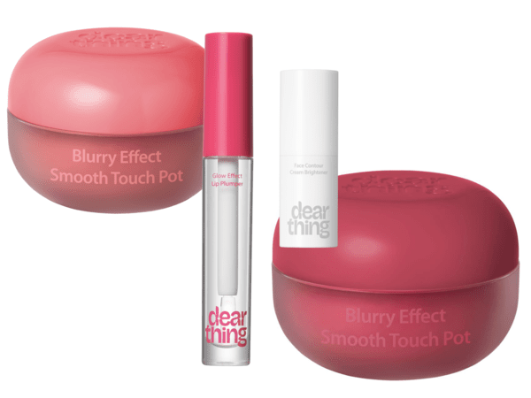 (왼쪽부터)&nbsp;블러리 이펙트 스무드 터치팟 #뮤트메카리 5g 3천원, 글로우 이펙트 립 플럼퍼 #01클리어맥시 4ml 5천원,&nbsp;페이스 컨투어 크림 브라이트너 #01페일화이트 4g 3천원, 블러리 이펙트 스무드 터치팟 #윈터모카 5g 3천원 모두 디어씽