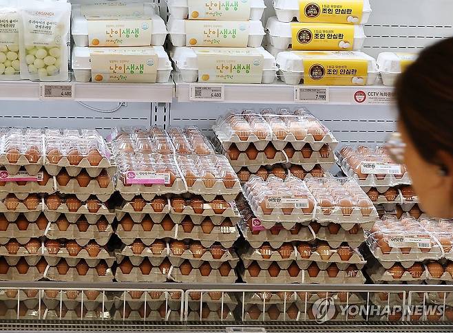 계란 가격 1년 만에 17% 올라 (서울=연합뉴스) 이재희 기자 = 13일 서울의 한 대형마트에 계란이 진열돼 있다. 이날 축산물품질평가원 축산유통정보 품목별가격에 따르면 특란 한 판(30개) 평균 소비자가격은 지난 12일 기준 7천45원으로 1년 전보다 1천 원 비싸졌다. 계란 가격 급등은 고병원성 조류인플루엔자가 몇개월째 잦아들지 않고 확산하고 있기 때문이다. 2026.3.13 scape@yna.co.kr