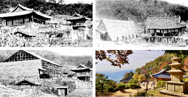 (흑백사진) 1916년부터 1919년도에 있은 부석사 보수공사 사진, 부석사의 현재 모습. /영주시 제공