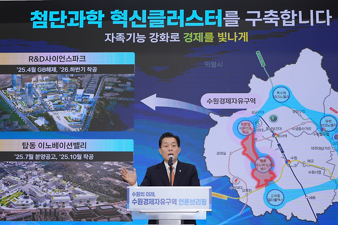 ▲지난해  6월26일 수원시가 개최한 수원 경제자유구역 언론 브리핑에서 이재준 수원시장이 계획을 설명하고 있다  제공=수원시