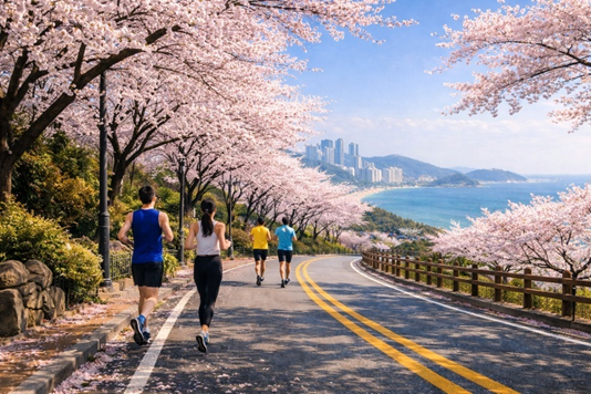 참가자들이 벚꽃이 핀 부산 해운대에서 러닝을 즐기고 있다.(생성형 AI 제작 이미지)