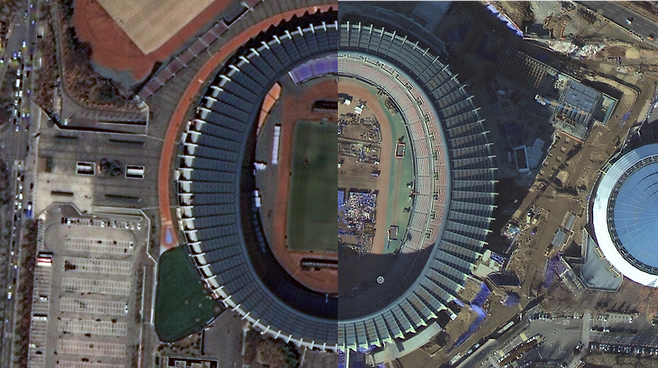 다목적실용위성으로 촬영한 서울 잠실 올림픽주경기장. 왼쪽은 2015년 4월 1일 다목적실용위성 3A호가 촬영한 사진, 오른쪽은 2025년 12월 21일 다목적실용위성 7호가 촬영한 사진./우주항공청