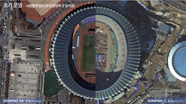 다목적실용위성 7호로 촬영한 잠실올림픽경기장 모습으로 0.55m 해상도의 다목적실용위성 3A호로 촬영한 영상(왼쪽), 0.3m 해상도로 다목적실용위성 7호가 찍은 영상(오른쪽). 우주청 제공.