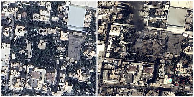 미국과 이스라엘이 지난달 28일 전격적인 이란 공습을 단행해 알리 하메네이를 제거했다. 사진은 공습 이후 파괴된 관저 집무실(오른쪽 사진) 모습. 왼쪽 사진은 2025년 6월 모습. 사진 구글어스, Airbus