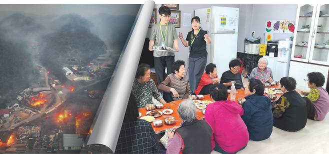 경북 영덕군 지품면 신안리 주민들이 산불 발생 후 한 달쯤 지난 2025년 4월26일 주민회관(마을회관)에 모여 식사를 하고 있다. 산불로 집을 잃은 주민 40여명은 임시주택이 마련될 때까지 약 3개월간 이곳에서 함께 생활하며 서로 상처를 보듬었다. 그린피스 제공