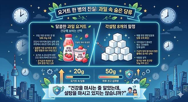 요거트 한 병의 진실: 과일 속 숨은 당류. 제미나이 생성 그래픽