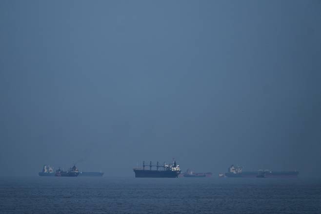 3월11일(현지 시각), 아랍에미리트에서 바라본 호르무즈 해협. 유조선과 화물선들이 줄지어 서 있다. ⓒAP Photo