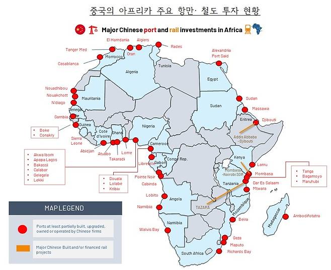 중국의 아프리카 주요 항만·철도 투자 현황 [InOnAfrica 자료. 재판매 및 DB 금지]