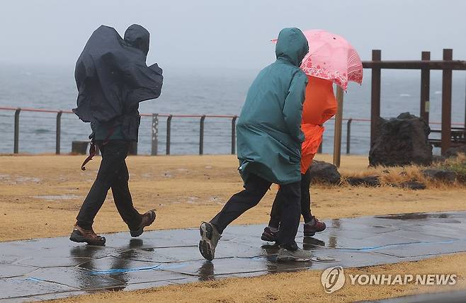 봄비 맞으며 여행 (제주=연합뉴스) 박지호 기자 = 봄비가 세차게 쏟아진 24일 오후 비옷으로 무장한 여행객들이 제주시 용담해안도로를 걷고 있다. 2026.2.24 jihopark@yna.co.kr