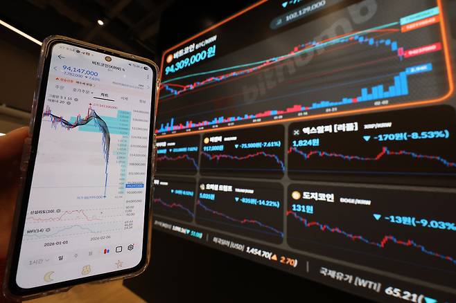 서울 강남구 빗썸 라운지 전광판에 표시된 비트코인 시세.(연합뉴스)