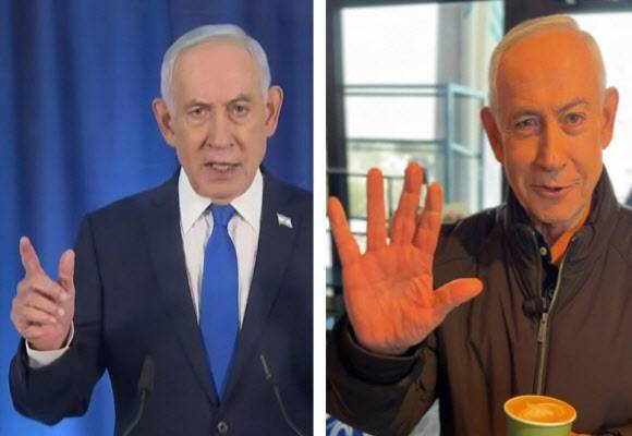 베냐민 네타냐후 이스라엘 총리가 예루살렘 교외 카페에서 오른손 다섯 손가락을 펼쳐 보이는 영상을 15일(현지 시간) 공개했다(오른쪽 사진). 왼쪽 사진은 그의 오른손 손가락이 6개로 보이는 듯한 사진. 이 여파로 인공지능(AI) 조작 의혹이 불거졌다. (사진=네타냐후 총리 텔레그램 캡처)