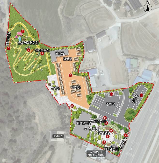 서산시 인지면 애정리 일원에 조성될 '밤하늘 산책원' 사업 배치도. 별자리 캠핑장과 천문 테마공원, 숲속 체력단련장, 별광장, 체험교육장, 주차장 등 복합 체류형 관광시설이 들어설 예정이다. 서산시 제공