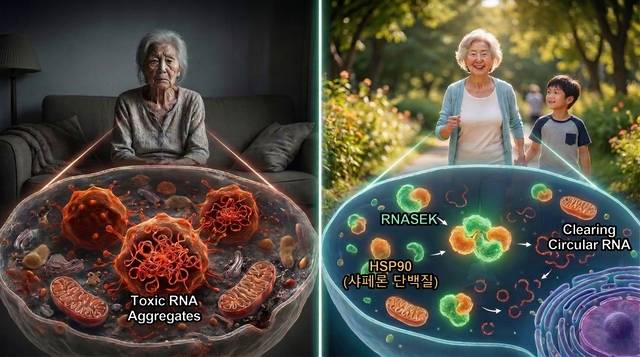 원형 RNA 제거 효소인 RNASEK 단백질이 노화를 늦추는 데 중요한 역할을 한다는 사실을 AI로 제작한 이미지. KAIST 제공.