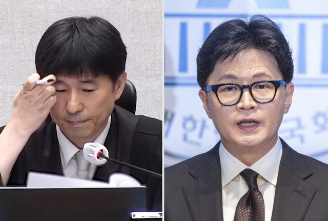 지귀연 서울중앙지법 형사합의25부 부장판사가 지난 2월 19일 윤석열 전 대통령 12·3 비상계엄 내란수괴 혐의 1심 선고 주문을 낭독할 당시의 모습(왼쪽), 한동훈 전 국민의힘 당대표가 지난 1월 29일 국회 소통관에서 국민의힘 윤민우 윤리위의 당적 제명 의결을 비판하는 기자회견을 할 당시의 모습(오른쪽).[연합뉴스 사진]