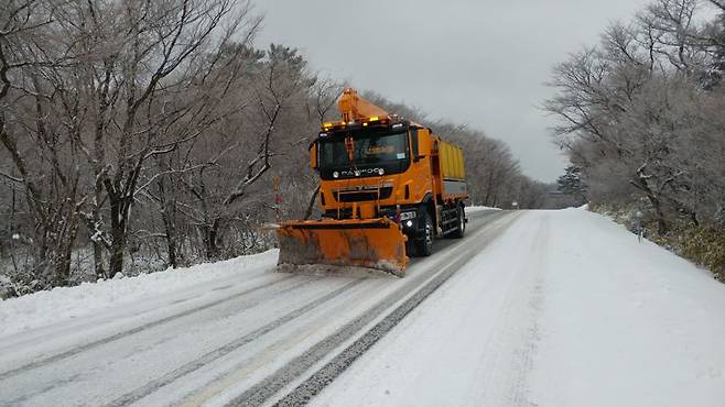 눈이 내린 도로에서 제주도 제설 차량이 제설 작업을 하고 있다. 제주도는 올겨울 38일 동안 제설 인력 1071명과 장비 546대를 투입해 도로 통행 안전 확보에 나섰다. /사진=제주특별자치도 제공