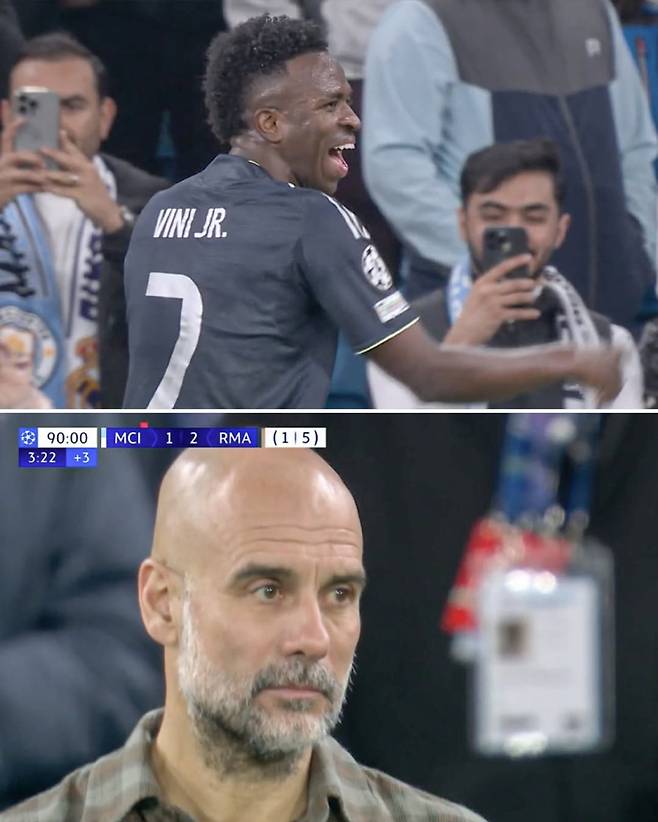 18일 맨체스터 에티하드 스타디움에서 열린 맨시티와 레알의 2025~26 UCL 16강 2차전서 레알 비니시우스(위)가 후반 추가시간 결승 골을 넣은 뒤 환호하고 있다. 허탈해 하고 있는 과르디올라 맨시티 감독(아래)의 모습. 사진=ESPN