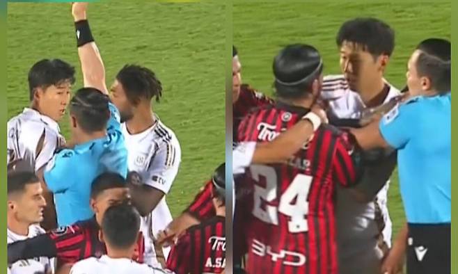 LAFC 손흥민이 18일 2026 북중미카리브해축구연맹(CONCACAF) 챔피언스컵 16강 2차전에서 상대 수비수 아론 살라자르의 거친 태클에 항의하고 있다. 경기장은 순간적인 충돌로 긴장감이 감돌았다. 중계화면 갈무리