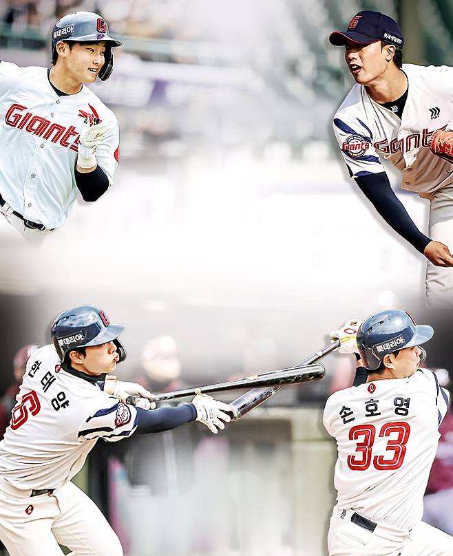 롯데가 예상 못했던 악재 속에서, 올해도 시범경기 1위를 달리며 기운을 차리고 있다. 신인 이서준, 박정민과 손호영, 한태양(왼쪽 위부터 시계 방향) 등 젊은 선수들이 봄의 활약으로 롯데에 희망을 선사하고 있다.  롯데 자이언츠 제공