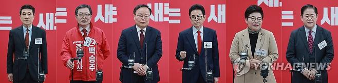6·3 지방선거 국민의힘 경북지사 예비후보 (서울=연합뉴스) 신현우 기자 = 6·3 지방선거 경북도지사에 도전하는 국민의힘 예비후보들이 11일 서울 영등포구 여의도 국민의힘 중앙당사에서 열린 광역단체장 후보 면접을 마치고 각각 취재진 질문에 답하고 있다.
    왼쪽부터 이강덕 전 포항시장, 백승주 전 의원, 국민의힘 김재원 최고위원, 이철우 경북도지사, 국민의힘 임이자 의원, 최경환 전 경제부총리. 2026.3.11 nowwego@yna.co.kr