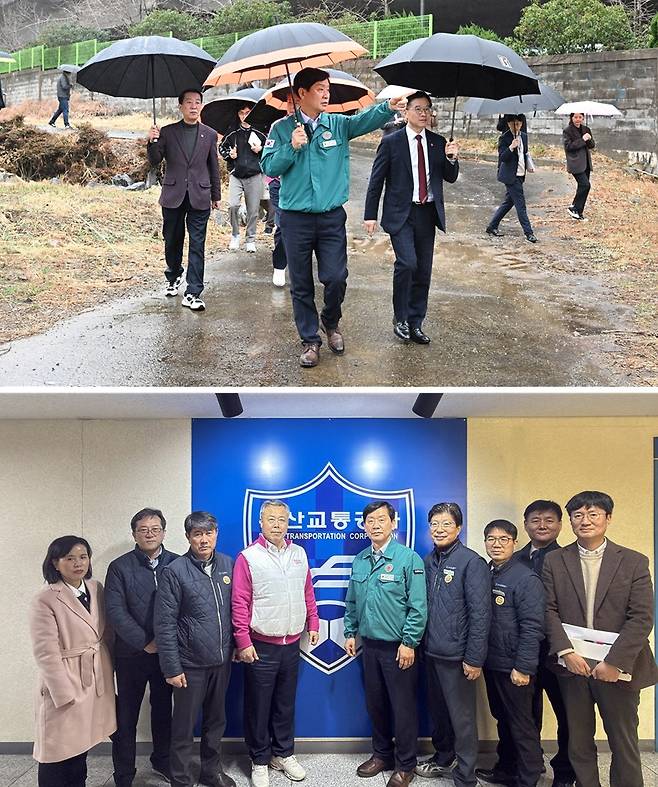 부산광역시의회 건설교통위원회(위원장 김재운)는 3월 18일(수) 부산진구 전포동에 위치한'광무공원 조성사업'현장과 양산시 호포차량사업소 내에 위치한 '호포축구장 조성사업' 현장을 방문하여 추진 현황을 직접 확인하고 있다. 사진/부산광역시의회