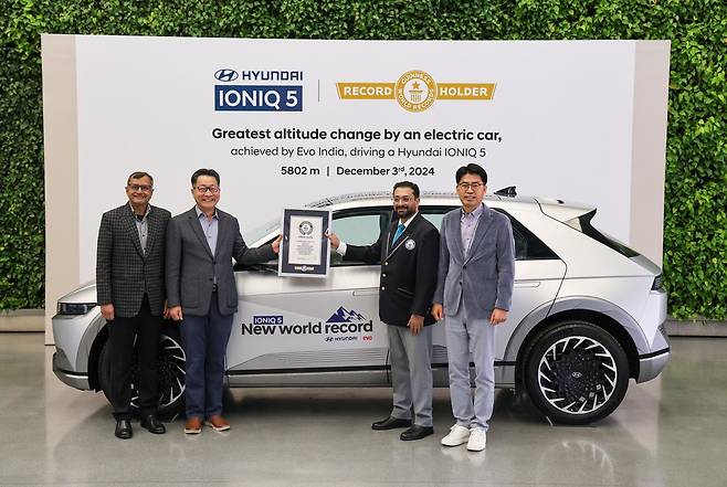 현대자동차 아이오닉 5가 전 세계에서 가장 높은 주행 가능 도로로 알려진 인도 북부의 ‘움링 라(해발 5799m)’서부터 인도에서 가장 낮은 고도를 지닌 지역인 남부 ‘쿠타나드(해발 -3m)’까지 총 5802m 고도차 주행을 문제없이 주파했다. 이 기록은 기네스북 ‘최고 고도차 주행 전기차 부문’에 등재됐다.