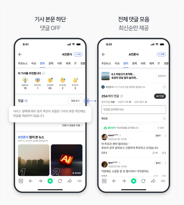 네이버의 바뀐 지방선거 정치 뉴스 댓글 정책에 따라 달라지는 댓글창. 버튼을 별도로 눌러야 댓글 목록이 펼쳐지고, 공감 많은 순서가 아니라 최신 순서로 보인다. 네이버 제공
