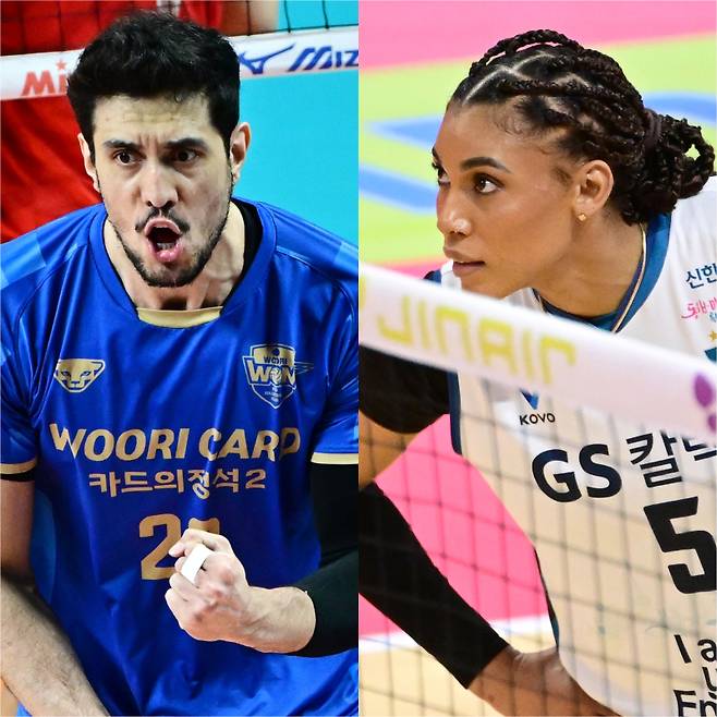 V리그 남자부 우리카드 하페엘 아라우조(왼족)와 여자부 실바(GS칼텍스)가 진에어 2025~26 V리그 6라운드 최우수선수(MVP)로 선정됐다. 사진=KOVO