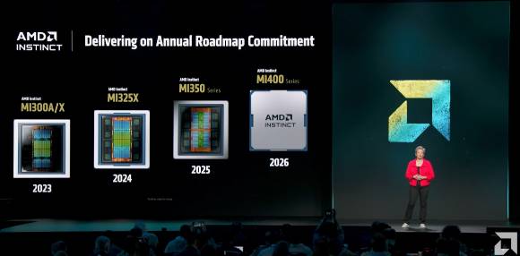 리사 수 AMD 최고경영자(CEO)가 지난해 미국 캘리포니아 새너제이에서 열린 '어드밴싱 AI' 개발자 컨퍼런스'에서 차세대 인공지능(AI) 칩인 MI350 시리즈와 MI400 시리즈를 공개하고 있다. 2025.03.18 [사진=AMD 유튜브 캡처]
