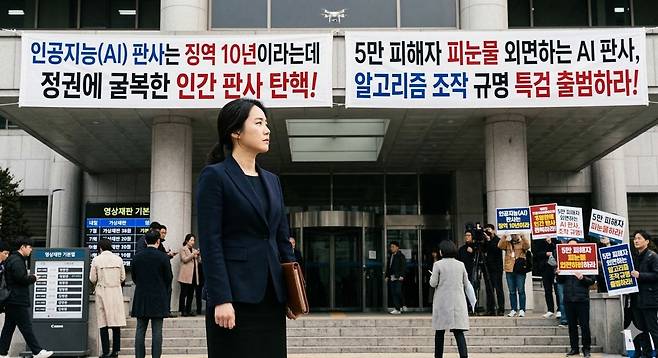 현직 법조인 10명의 인터뷰를 바탕으로 2036년 서울 서초구 서울중앙지법 앞 모습을 상상해 그린 생성형 AI 이미지