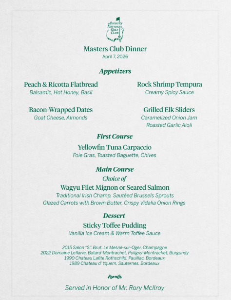 데펜딩 챔피언 로리 매킬로이가 공개한 올해 마스터스 챔피언스 디너 메뉴. 마스터스 인스타그램