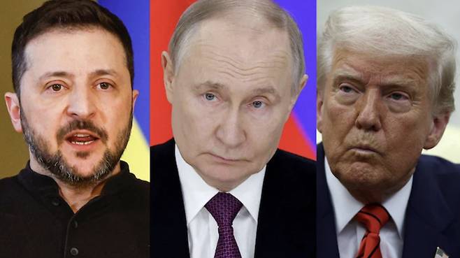 (왼쪽부터) 볼로디미르 젤렌스키 우크라이나 대통령, 블라디미르 푸틴 러시아 대통령, 도널드 트럼프 미국 대통령  /로이터=뉴스1