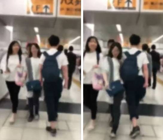 일본에서 한 남성이 혼자 걷는 여성을 의도적으로 표적 삼아 어깨로 거칠게 밀치며 지나가고 있다. SNS 캡처