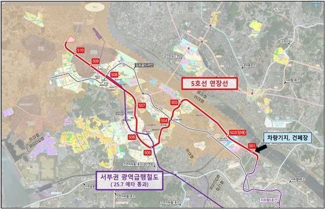 서울지하철 5호선 연장선 노선도 [국토교통부 제공. 재판매 및 DB 금지]