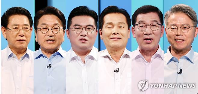 전남광주특별시장 예비경선 합동토론회 (광주=연합뉴스) 조남수 기자 = 17일과 18일 이틀간 광주 남구 광주문화방송 공개홀에서 열린 더불어민주당 전남광주특별시장 예비경선 합동토론회에서 기호 1번 김영록 예비후보(왼쪽부터), 기호 2번 강기정 시장, 기호 3번 정준호 의원, 기호 4번 주철현 의원, 기호 5번 신정훈 의원, 기호 6번 민형배 의원이 발언하고 있다.