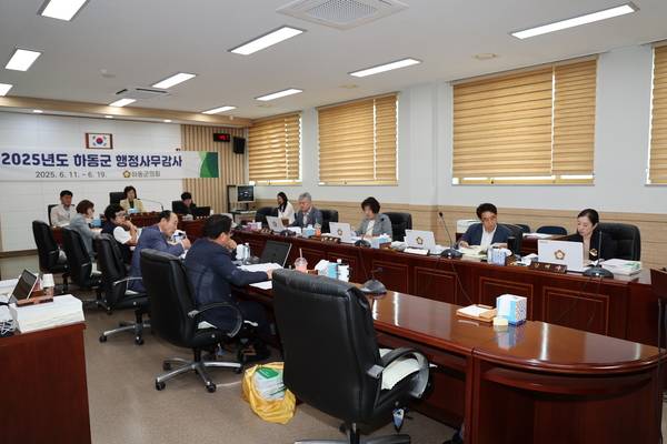 하동군의회가 2025년 6월 행정사무감사를 하고 있다. /하동군의회