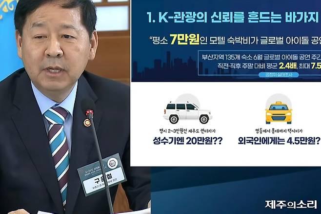 구윤철 부총리 겸 재정경제부 장관이 2월26일 청와대에서 열린 제11차 확대 국가관광전략회의에서 제주지역 렌터카 요금을 바가지 사례로 제시하며 요금 인상 상한선을 도입하겠다고 발언하고 있다.