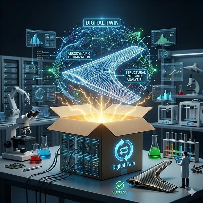 이 이미지는 컴퓨터 가상 설계(CAD)와 실제 탄소섬유 항공기 부품 사이를 실시간 데이터 피드백 루프로 연결하여 최적의 설계를 도출하는 디지털 트윈 기반 엔지니어링 프로세스를 시각화합니다. 왼쪽의 파란색 '가상 설계' 루프에서 일어나는 설계 변경 및 최적화 분석 데이터가 실제 부품으로 전달되고, 다시 실제 부품의 센서 피드백 데이터가 가상 모델로 분석·피드백되는 유기적인 데이터 흐름을 통해 '실패 없는 완벽한 부품 제조'가 가능해짐을 보여줍니다. (그래픽=제미나이 생성)