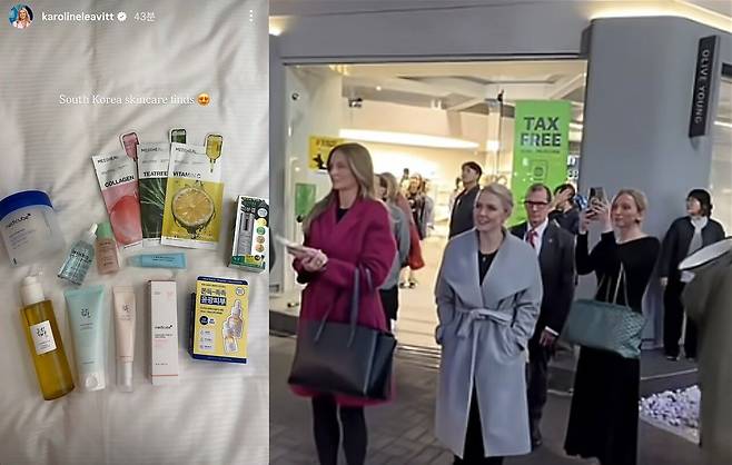 캐롤라인 레빗 미국 백악관 대변인이 작년 10월 한미 정상회담이 열린 직후 올리브영에서 구입한 화장품 인증샷을 자신의 소셜미디어에 올리면서 올리브영은 ‘K-뷰티 쇼핑성지’로서의 명성을 입증했다. [사진 유튜브 캡처, 중앙포토]
